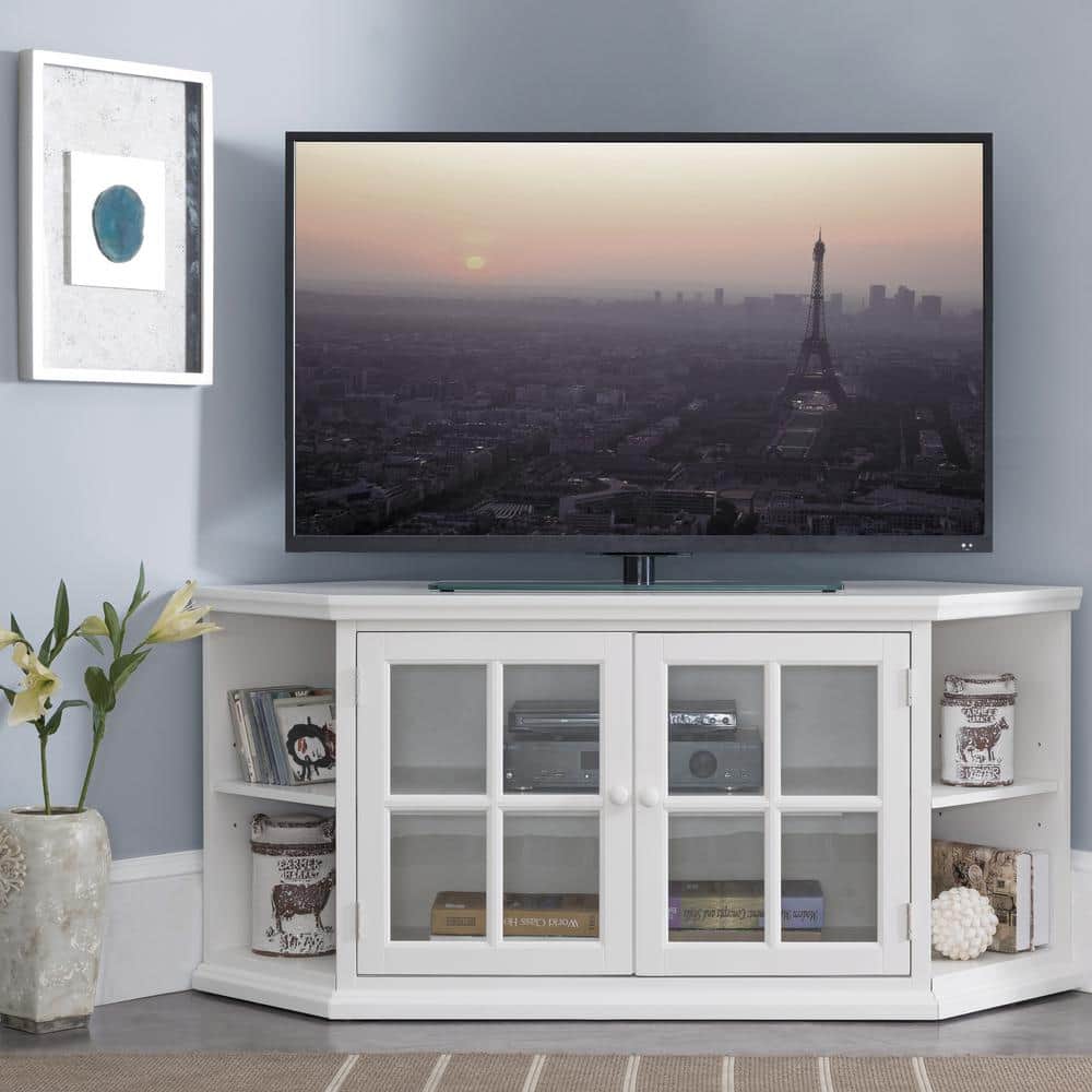 Cottage White 56" Corner TV Stand with Glass Doors