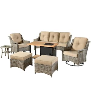 Verona Grey 7-Piece Wicker Outdoor Fire Pit Patio Conversation Sofa Set with Swivel Chairs and Beige Cushions