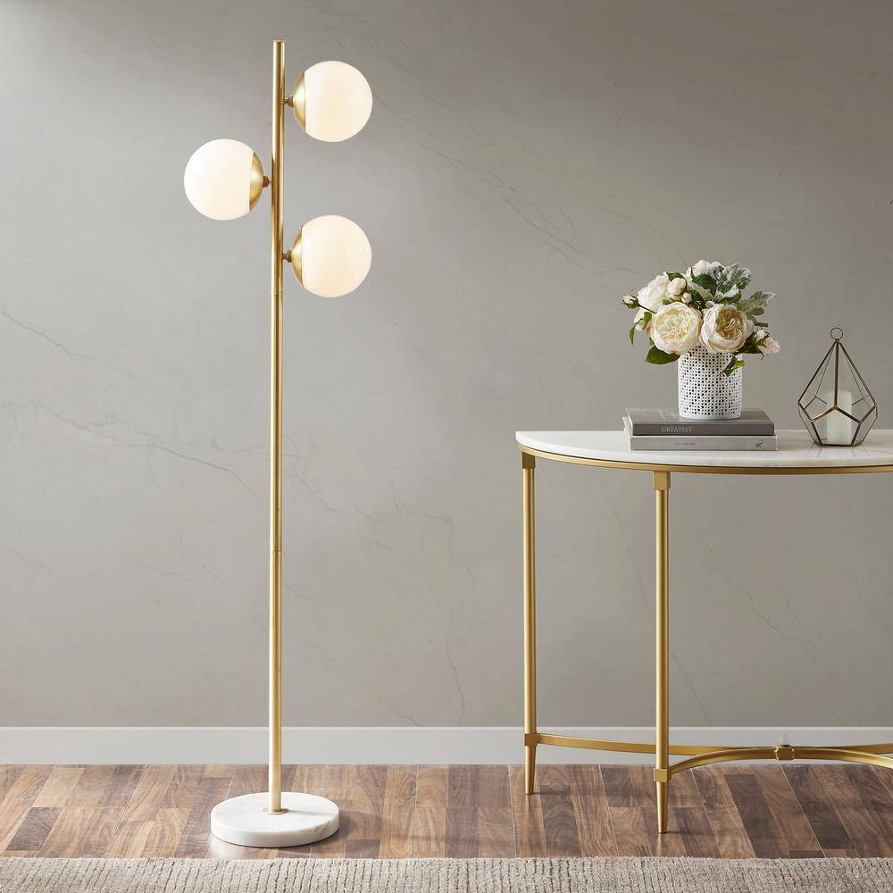 Holloway 62" White and Gold 3-Globe Marble Base Floor Lamp