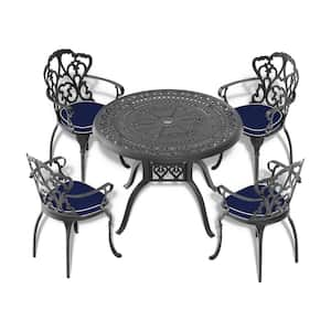 Lily Black 5-Piece Cast Aluminum Outdoor Dining Set with Round Table and Dining Chairs with Random Color Cushion