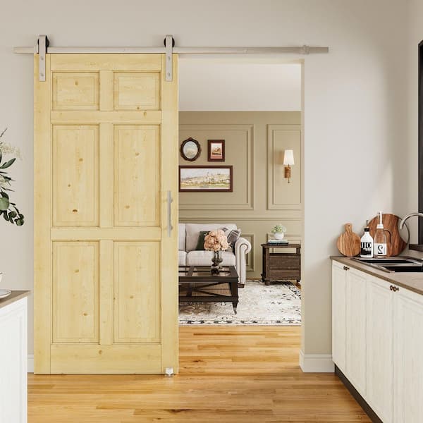 36 in. x 80 in. 6-Panel Solid Pine Wood Unfished No Assembly Required Sliding Barn Door with Hardware Kit Nickel Plated