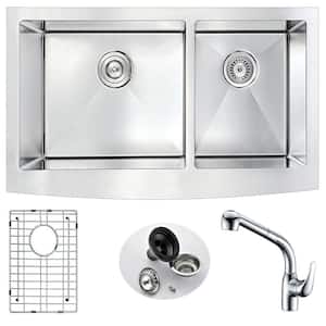 ELYSIAN Farmhouse Stainless Steel 36 in. Double Bowl Kitchen Sink and Faucet Set with Harbour Faucet in Brushed Satin