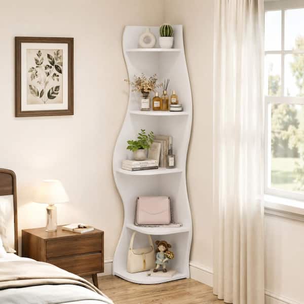 Modern 5-Tier White S-Shaped Display Rack for Living Room, Bedroom, Bathroom, Home Office
