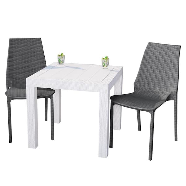 Leisuremod Kent White and Grey 3-Piece Plastic Square Outdoor Dining Set