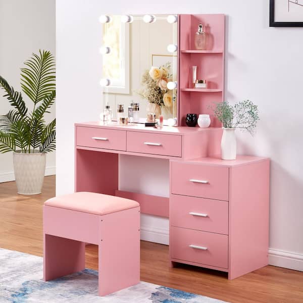 Karl home Pink 5-Drawer Makeup Vanity Set with Mirror and Adjustable LED Bulbs