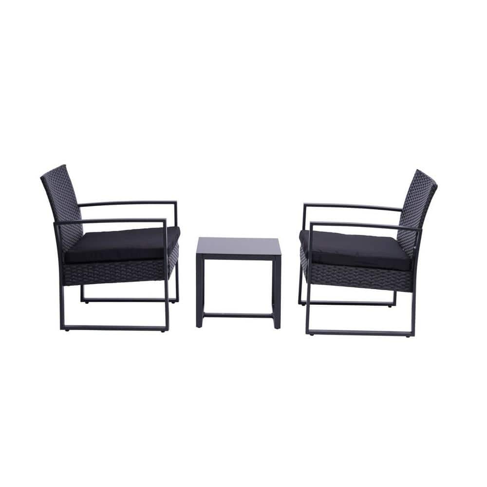 3-Piece Wicker Outdoor Bistro Set with Black Cushions