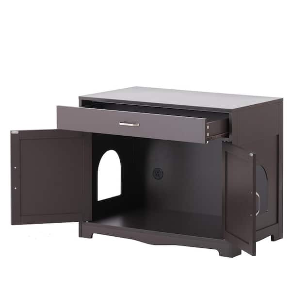 Unbranded 31.5 in. W x 20 in. D x 25.9 in. H Walnut Brown Linen Cabinet with Hidden Plug, 2 Doors and Drawer