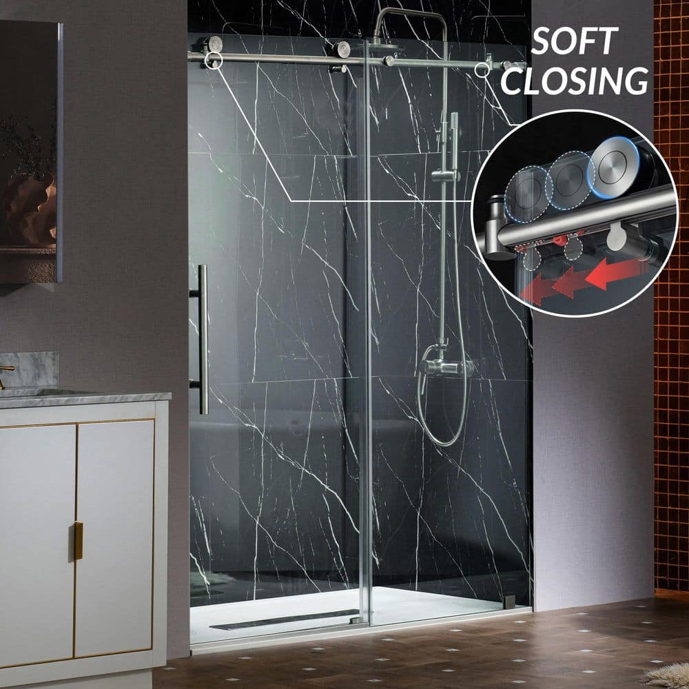 48 in. W x 76 in. H Sliding Frameless Shower Door with Soft Close System and 3/8 in. Clear Glass in Brushed Nickel price history on PriceWatchPro
