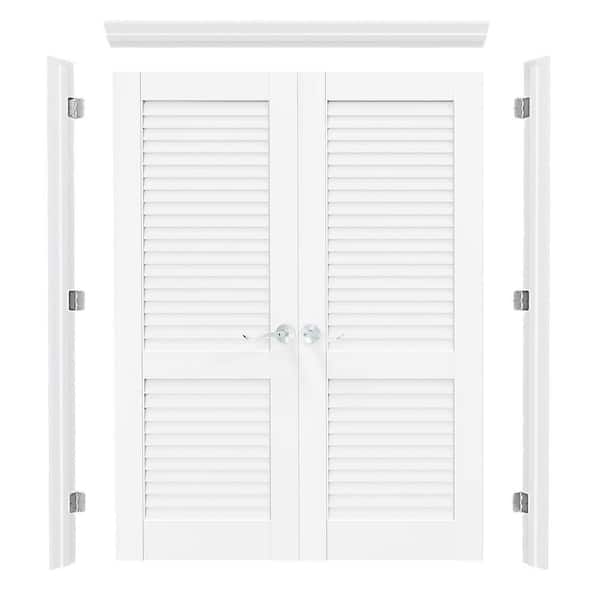 48 in. x 80 in. All-Louver Panel Universal White Primed Double Prehung French Door with Quick Assemble Jamb and Handle