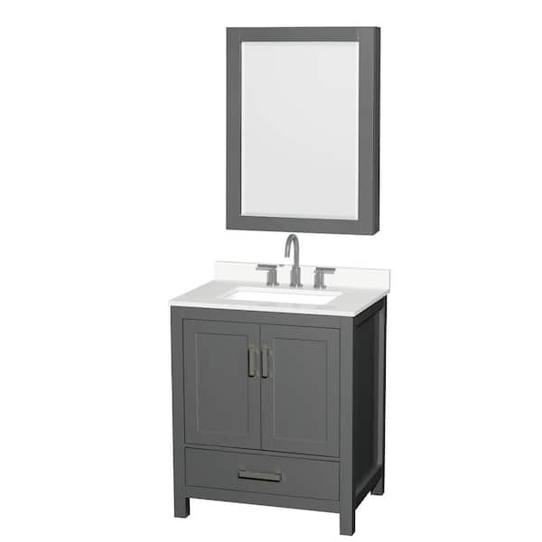 Wyndham Collection Sheffield 30 in. W x 22 in. D x 35 in. H Single Bath Vanity in Dark Gray with White Quartz Top and Mirror