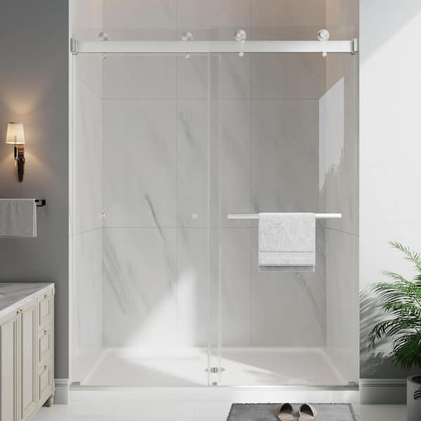49-54 in. W x 76 in. H Double Sliding Frameless Shower Door in Brushed Nickel with Clear Glass