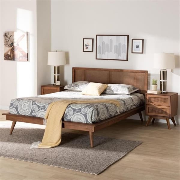 Brown Frame Queen Size Platform Bed, Modern 3-Piece Bedroom Set, Contemporary Nightstand and Bed Set