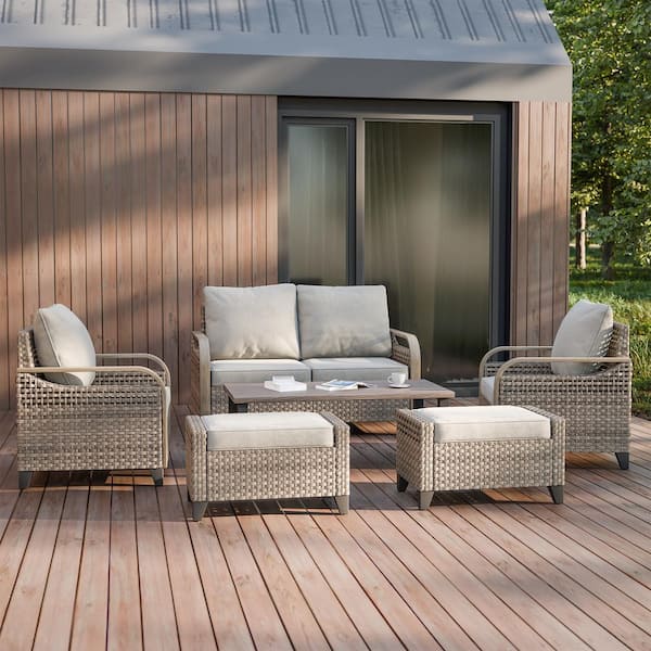 EAGLE PEAK 6-Piece Wicker Outdoor Patio Conversation Set with Gray Cushions, Ottomans and Coffee Table
