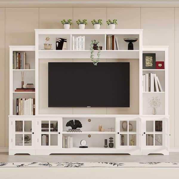 White TV Stand Fits TV's Up to 65 in. with Glass Doors and Open Shelves