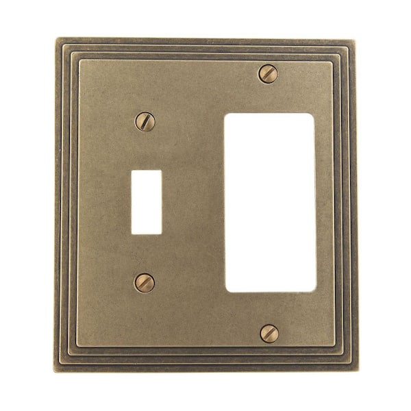 AMERELLE Tiered 2 Gang 1-Toggle and 1-Rocker Metal Wall Plate - Rustic Brass