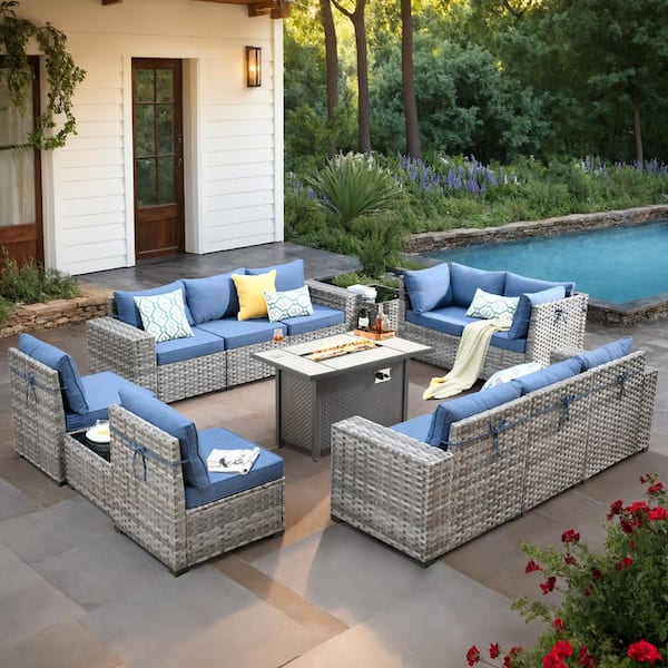 XIZZI Beatrice 13-Piece Wicker Patio Rectangle Fire Pit Conversation Set with Denim Blue Cushions