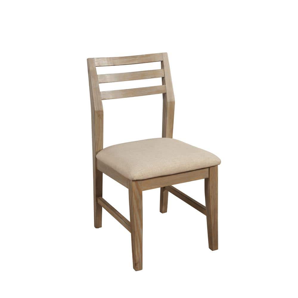 Transitional Beige Upholstered Ladderback Side Chair in Weathered Pine
