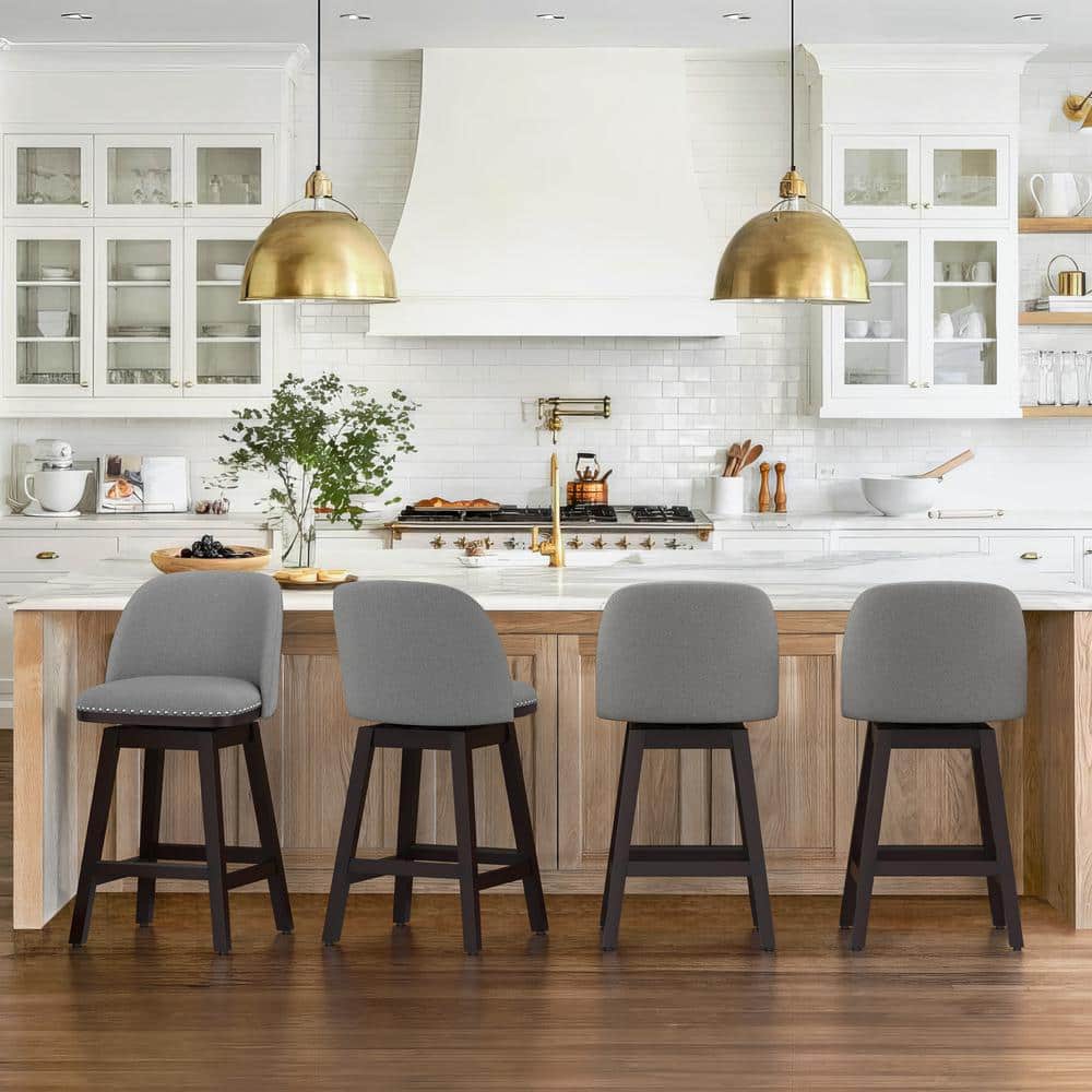 Gray Faux Leather and Wood Swivel Counter Height Bar Stools, Set of 4