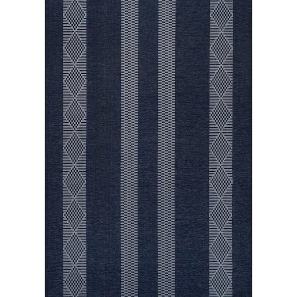 Nautisk Trellis Stripe Machine-Washable 8 ft. x 10 ft. Navy/Gray Area Rug