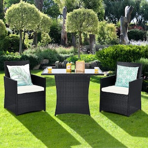 3PCS Wicker Patio Conversation Set Space-Saving Furniture Set with Tempered Glass Top Table and White Cushioned Chairs