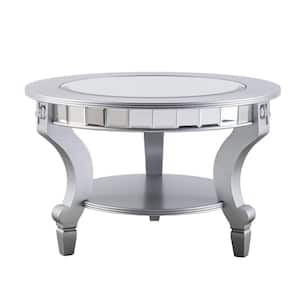 Julia 29 in. L Silver 18.5 in. H Round Glass Coffee Table with Mirrored and Shelves