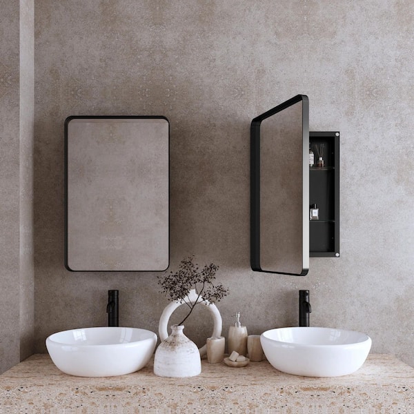 20 in. W x 30 in. H Matte Black Rectangular Metal Framed Recessed/Surface Mount Medicine Cabinet with Mirror
