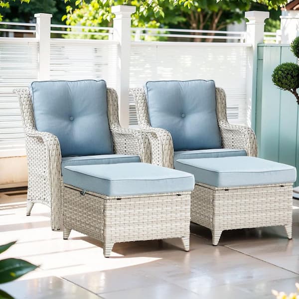 ArcoBay 4-Piece Light Beige Wicker Outdoor Lounge Chairs Patio Armchairs with Baby Blue Cushions and Ottomans