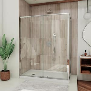Flex 60 in. W x 36 in. D x 74.75 in. Framed Pivot Shower Enclosure in Chrome with Left Drain White Acrylic Base Kit