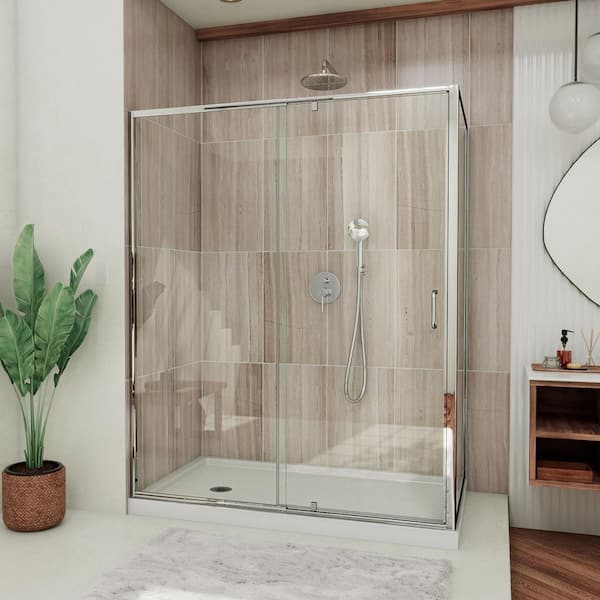 DreamLine Flex 60 in. W x 36 in. D x 74.75 in. Framed Pivot Shower Enclosure in Chrome with Left Drain White Acrylic Base Kit