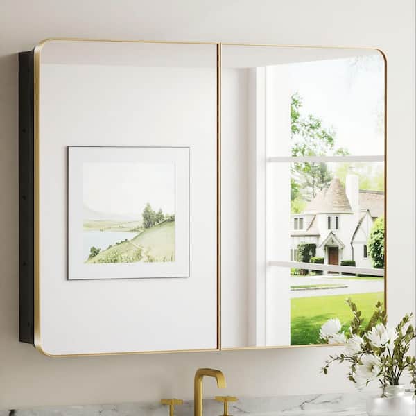 40 in. W x 32 in. H Rectangular Brass Gold Stainless Steels Framed Recessed/Surface Mount Medicine Cabinet with Mirror