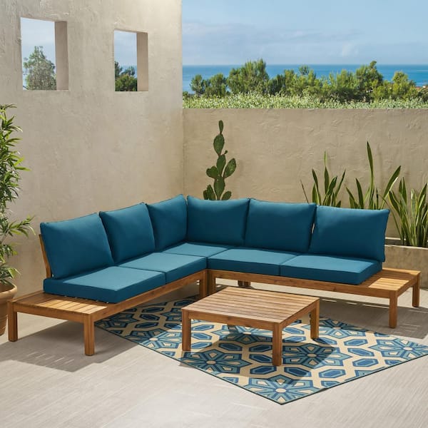 Noble House Arlington Teak Brown 4-Piece Wood Patio Conversation Sectional Seating Set with Dark Teal Cushions