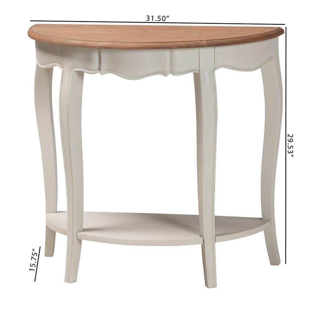 Cordelia 32" White and Natural Wood Demilune Console Table with Storage