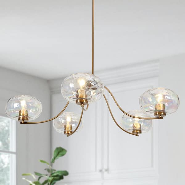 Uolfin Modern Gold Living Room Chandelier, 41.5 in. 5-Light Kitchen Hanging Ceiling Light with Dazzling Glass Shades