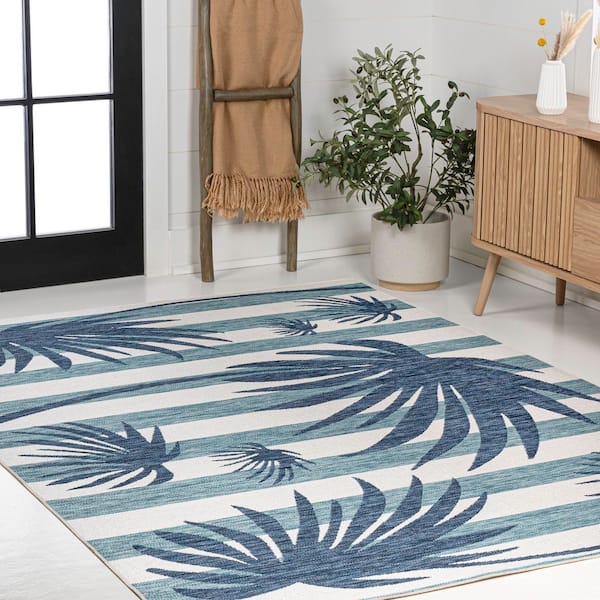 Veronica Classic Beach Stripe and Palm Leaf Navy/Cream 5 ft. x 8 ft. Indoor/Outdoor Area Rug