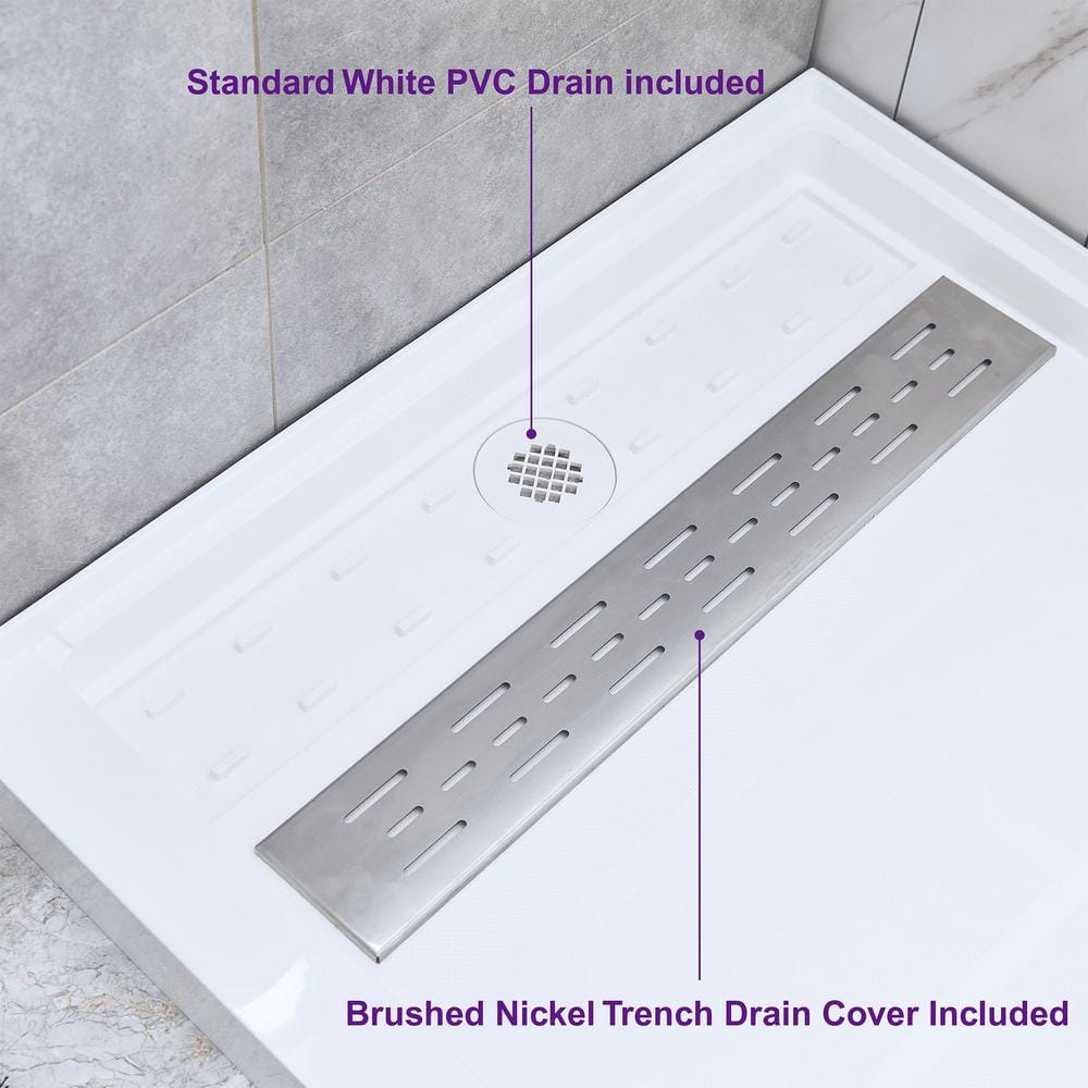 60" White Rectangular Shower Pan with Brushed Nickel Drain Cover