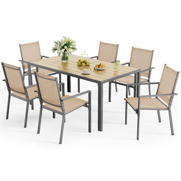 Brown 7-Piece Textilene and Iron Outdoor Dining Set 6 Chairs and Wood Rectangle Table