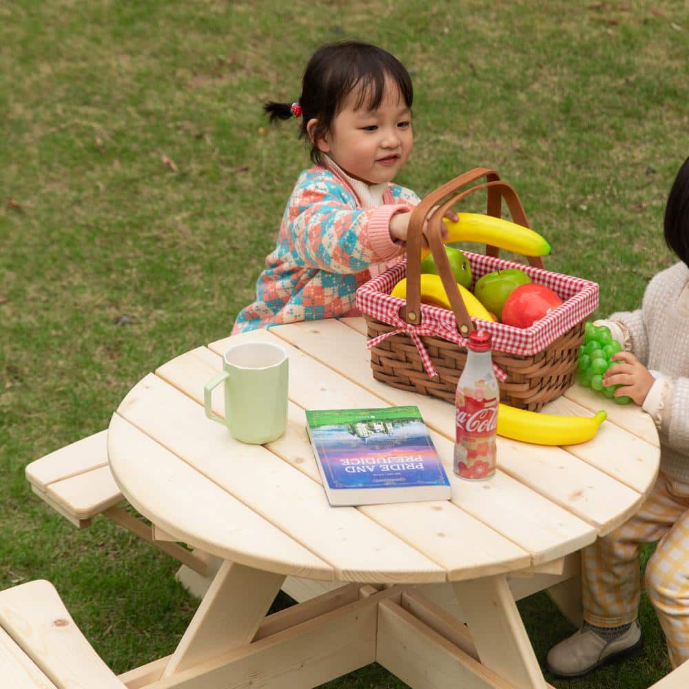 Natural Wood Round Kids Picnic Table with Benches