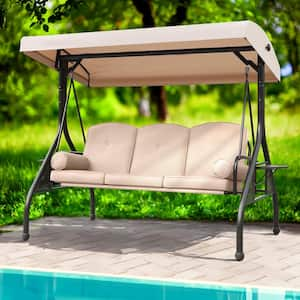 3-Seat Outdoor Porch Swing Chair with Adjustable Canopy, Side Trays, Cushions and Pillows, Khaiki