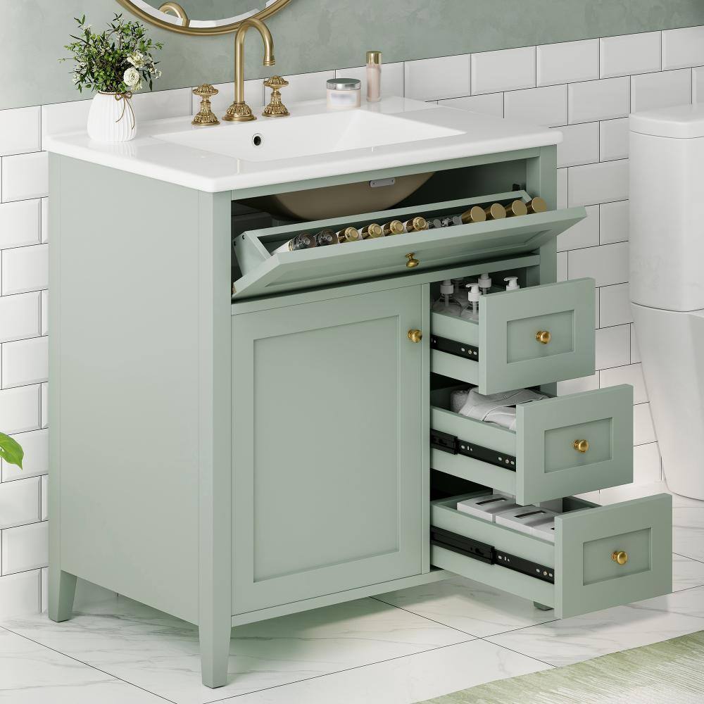 30 in. Green Freestanding Bath Vanity with White Ceramic Sink Top, 3 Drawers and Adjustable Shelf price history on PriceWatchPro