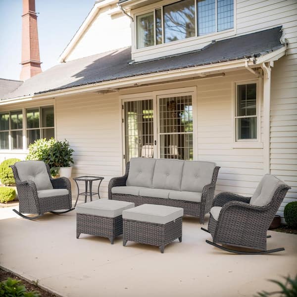 ArcoBay 6-Piece Brown Wicker Outdoor Rocking Swivel Chairs Patio Conversation Set with Beige Cushions and 3-Seat Sofa