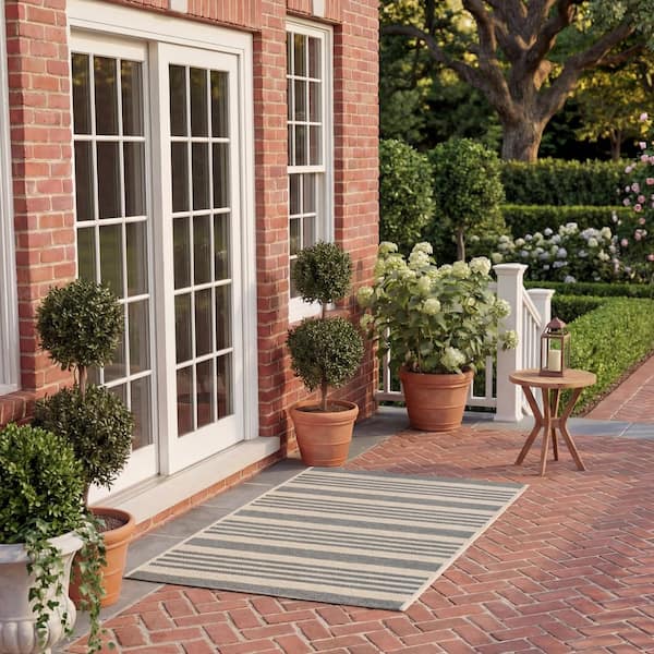 Courtyard Gray/Bone Doormat 2 ft. x 4 ft. Striped Indoor/Outdoor Patio Area Rug