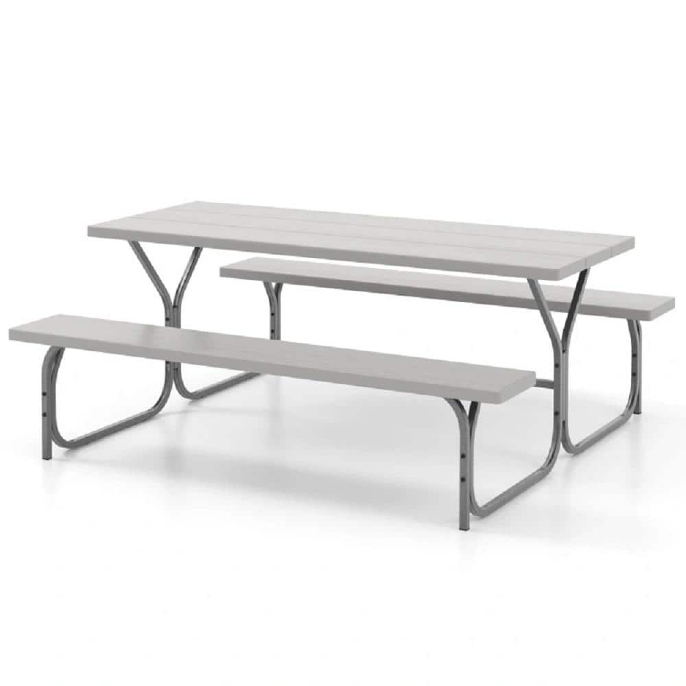 64 in. Gray Rectangle Powder-Coated Metal Frame Picnic Table Seats 8 People