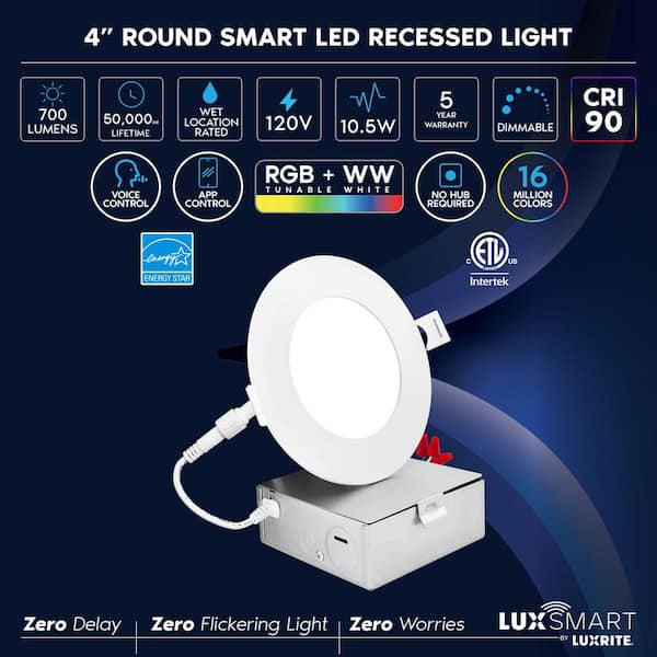 4 in. Smart Round Integrated LED Recessed Light RGBW Color Changing WiFi Compatible with Alexa and Google Home