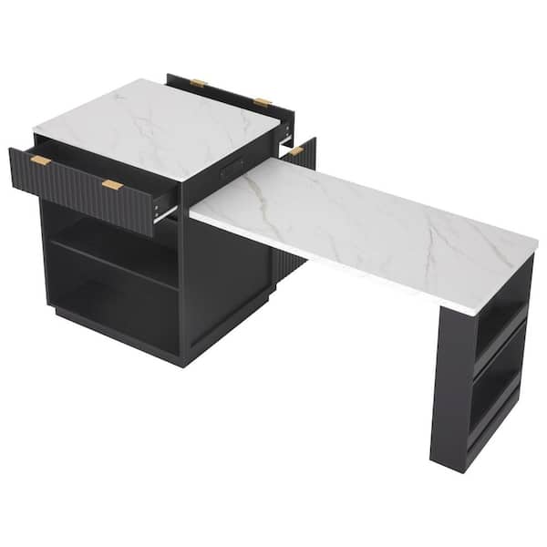 Rustic Black Wood 82.6 in. Power Outlet Kitchen Island Extendable Dining Table with Double-Sized Storage and 2-Drawer