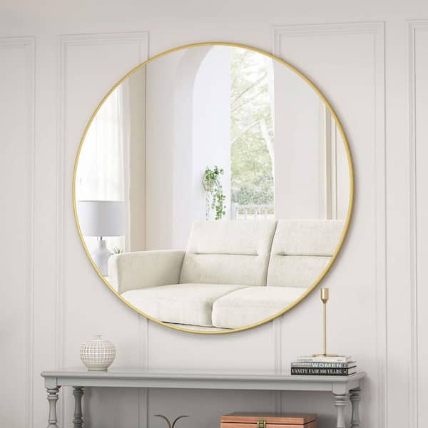 YESSKY DOWELL ENTER LLC Gold 42 in W x 42 in. H Round Metal Framed Mirror Circular Vanity Mirror Dressing Mirror for Bathroom Living Room