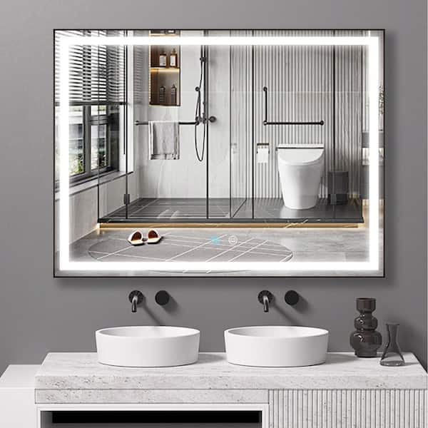 FAMYYT 48 in. W x 36 in. H Rectangular Metal Framed Anti-Fog Dimmable LED Light Wall Bathroom Vanity Mirror in Black