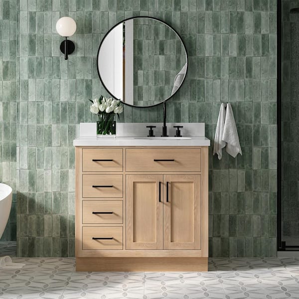 ARIEL Hepburn 37 in. W x 22 in. D x 36 in. H Single Freestanding Bath Vanity in Oak with Pure White Quartz Top
