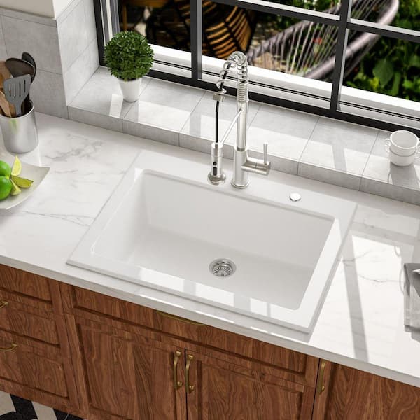 30 in. Quartz White Drop in Single Bowl Workstation Top Mount Kitchen Sink with Accessories