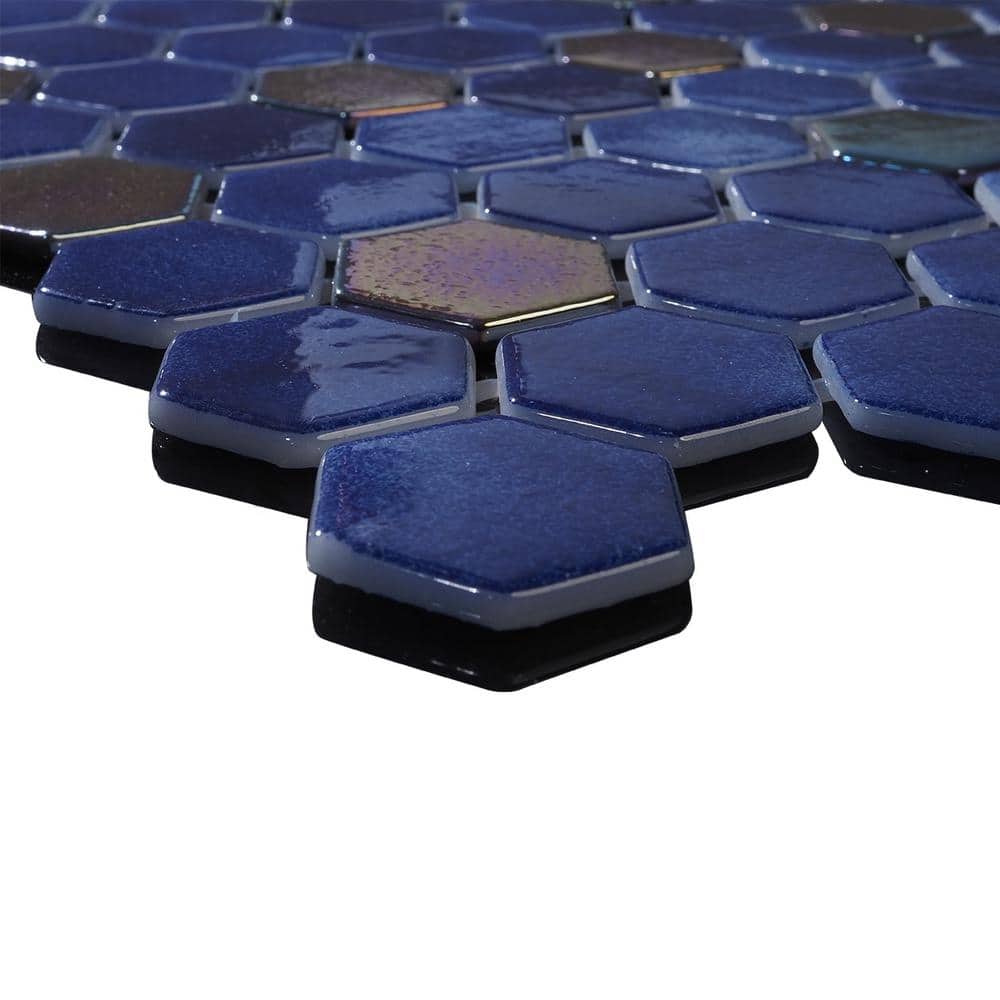 Dark Blue Iridescent Glass Hexagon Mosaic Tile 12x12