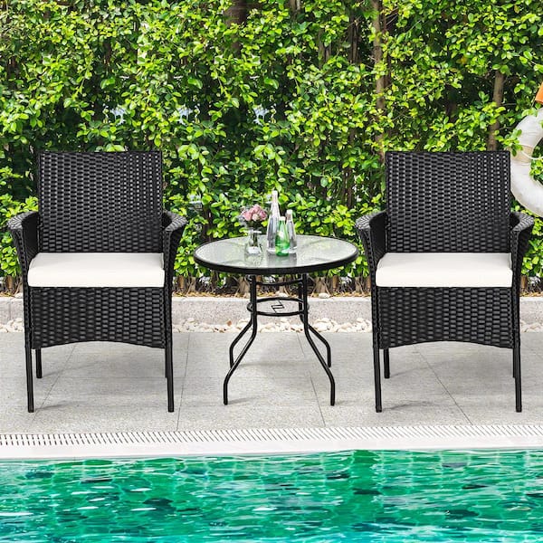 Black Wicker Outdoor Patio Dining Chair with White Cushions Set of 2